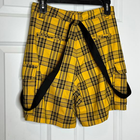 Hot Topic Yellow Black Plaid Cargo Suspender Bermuda Shorts Size Small - Picture 4 of 7